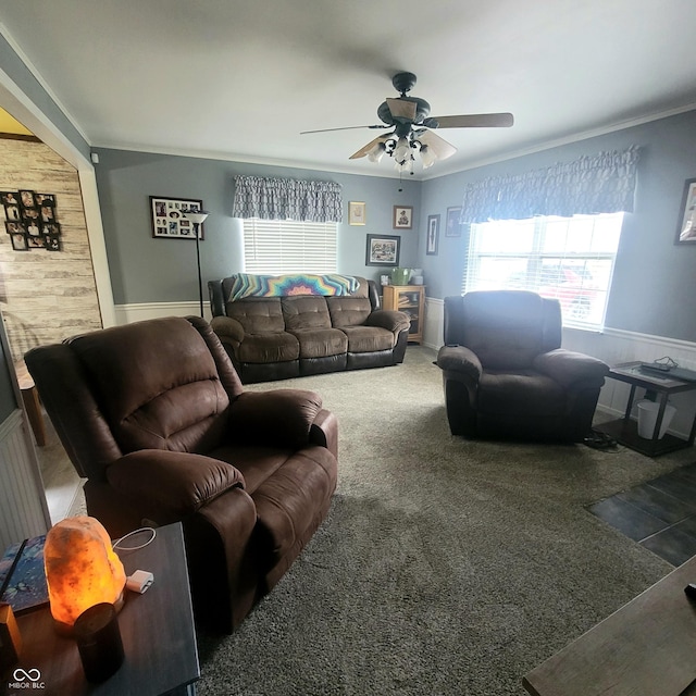 1024 Foltz St, Indianapolis, IN 46241 - carpeted living area featuring plenty of natural light, crown molding, and ceiling fan