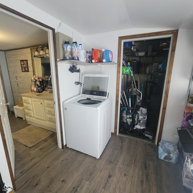 1024 Foltz St, Indianapolis, IN 46241 - washroom featuring dark wood-style floors, a sink, washer / dryer, and laundry area