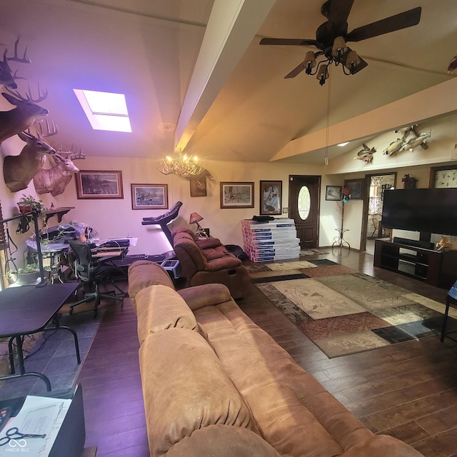 1024 Foltz St, Indianapolis, IN 46241 - living area featuring wood finished floors, vaulted ceiling, and a ceiling fan