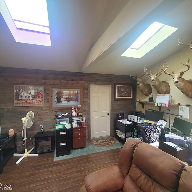 1024 Foltz St, Indianapolis, IN 46241 - office space featuring dark wood-style flooring, lofted ceiling with skylight, and wooden walls