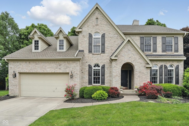 11974 Volcanic Rock Dr, Fishers, IN 46037 - view of front of property with roof with shingles, driveway, a garage, a chimney, and a front lawn