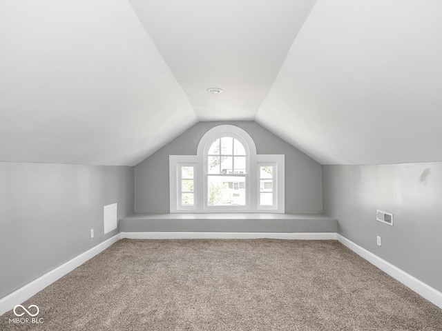 317 E 37th St, Indianapolis, IN 46205 - additional living space with baseboards, carpet flooring, visible vents, and vaulted ceiling