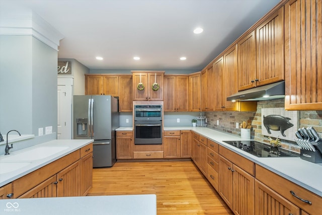 2353 Woodcreek Crossing Blvd, Avon, IN 46123 - kitchen with stainless steel appliances, under cabinet range hood, a sink, light wood-style flooring, and light countertops