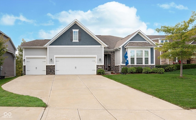 craftsman house featuring a garage, a front lawn, stone siding, and concrete driveway