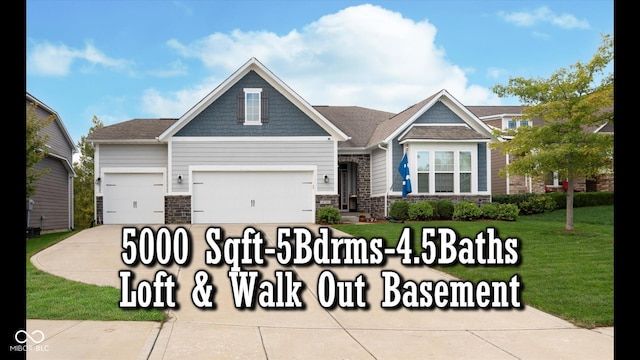 4196 Parliament Way, Avon, IN 46123 - craftsman inspired home with a front yard, an attached garage, stone siding, and driveway