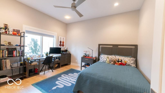 bedroom featuring recessed lighting, wood finished floors, and ceiling fan