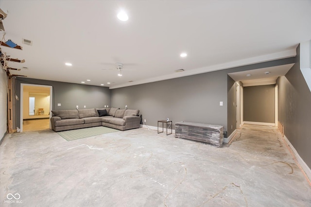 1227 S Pickwick Pt, Bloomington, IN 47401 - unfurnished living room with baseboards, visible vents, recessed lighting, and a ceiling fan