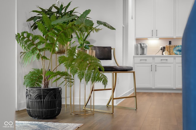 room details featuring wood finished floors and decorative backsplash