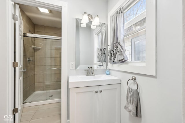 422 N Oxford St, Indianapolis, IN 46201 - full bath featuring a stall shower, vanity, and tile patterned floors