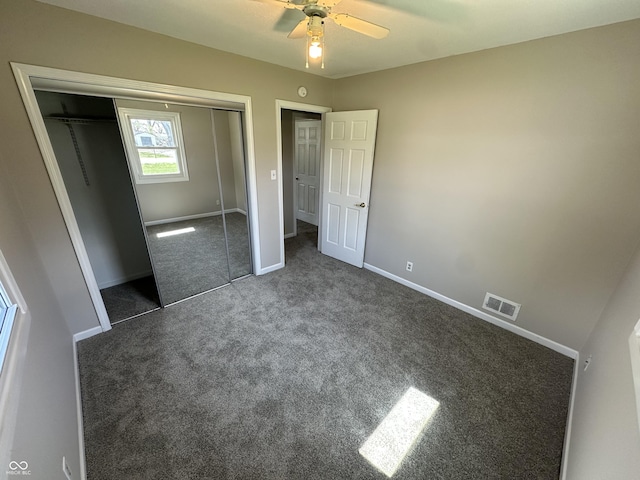 6672 E 225 S, Whitestown, IN 46075 - unfurnished bedroom with a closet, a ceiling fan, visible vents, carpet flooring, and baseboards