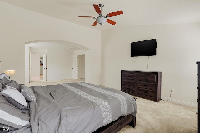 6869 W Winding, Mccordsville, IN 46055 - bedroom with ceiling fan, arched walkways, light carpet, lofted ceiling, and baseboards