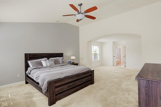 6869 W Winding, Mccordsville, IN 46055 - bedroom featuring baseboards, arched walkways, light colored carpet, and vaulted ceiling