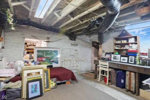 unfinished basement featuring brick wall