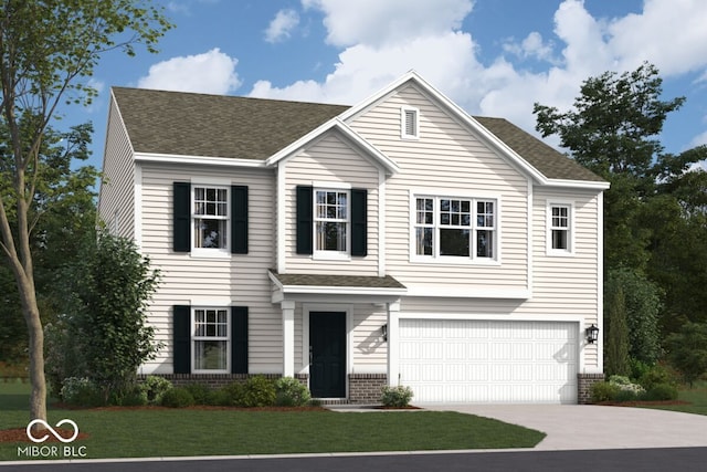 traditional-style house with driveway, an attached garage, a front yard, brick siding, and a shingled roof