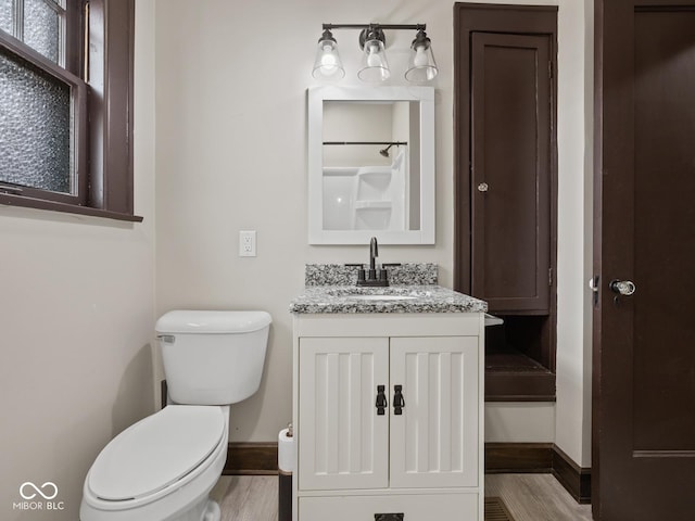 270 W Broadway St, Shelbyville, IN 46176 - full bath featuring wood finished floors, toilet, vanity, and a shower with curtain