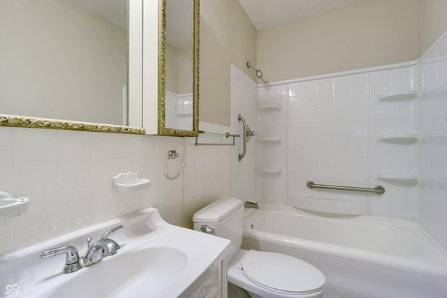 3619 Salem St, Indianapolis, IN 46208 - bathroom featuring tile walls, toilet, shower / tub combination, and vanity