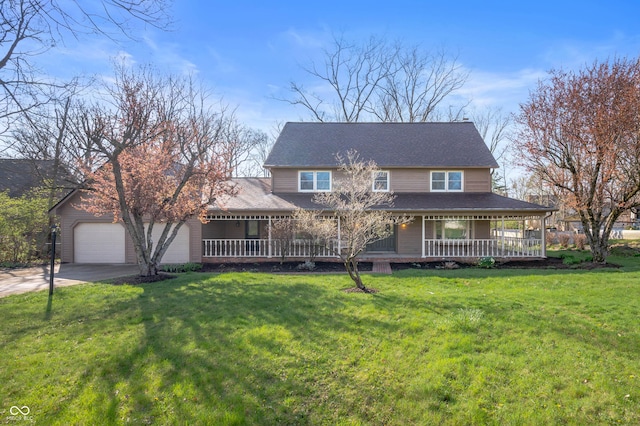 farmhouse inspired home featuring a front yard, a porch, driveway, and an attached garage