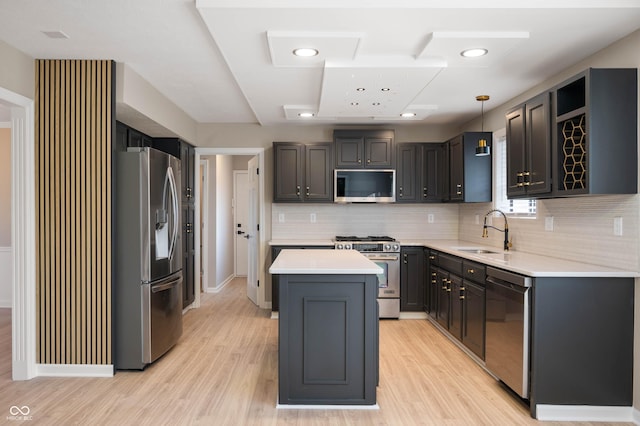 kitchen with a center island, appliances with stainless steel finishes, a sink, light wood finished floors, and backsplash