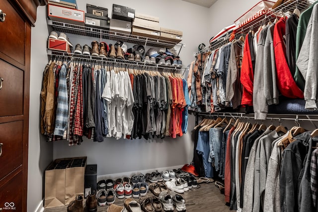 walk in closet with wood finished floors