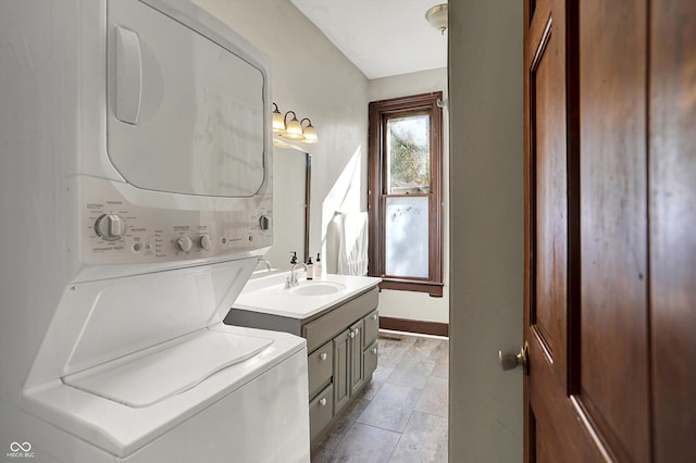 1157 Division St, Noblesville, IN 46060 - full bath featuring stacked washer and clothes dryer and vanity