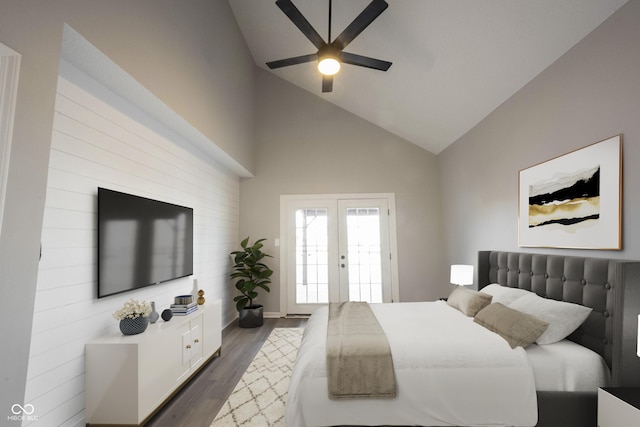 bedroom featuring french doors, high vaulted ceiling, a ceiling fan, and dark wood-style floors