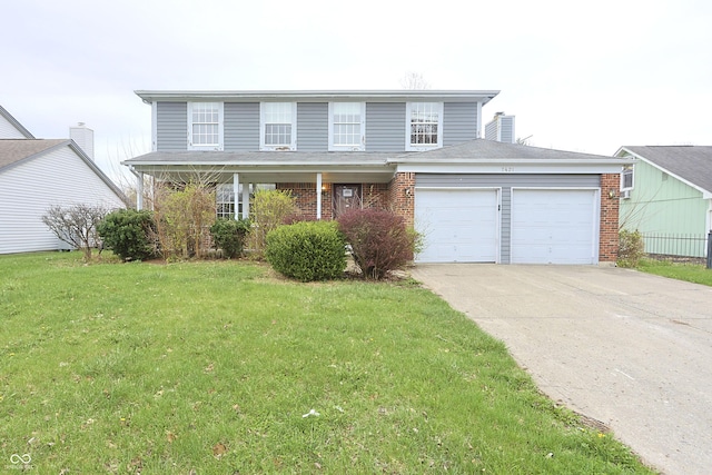 traditional home with a garage, concrete driveway, a front yard, brick siding, and roof with shingles