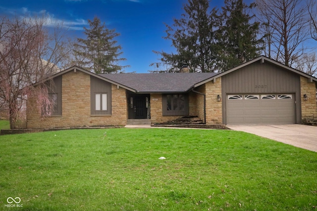 view of front of house with stone siding, driveway, a front lawn, a garage, and a chimney
