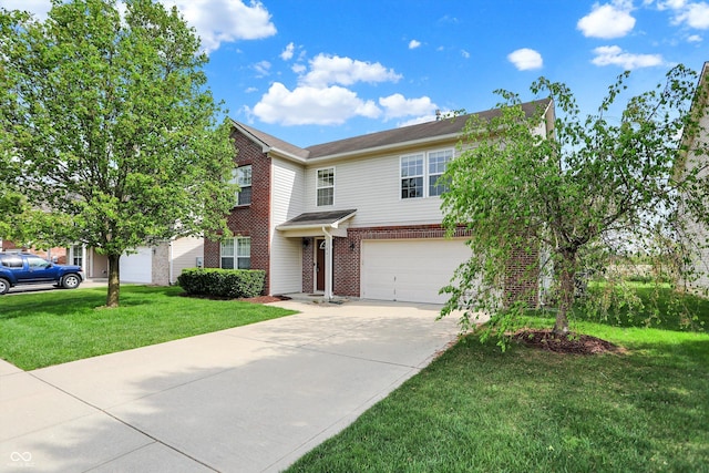 traditional-style home with brick siding, concrete driveway, a garage, and a front yard