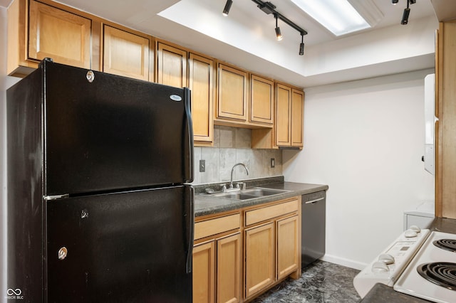 2804 Paso Del Norte Dr, Indianapolis, IN 46227 - kitchen featuring freestanding refrigerator, a sink, dishwasher, dark countertops, and tasteful backsplash