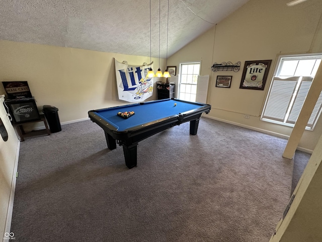 playroom with baseboards, a textured ceiling, pool table, carpet flooring, and vaulted ceiling