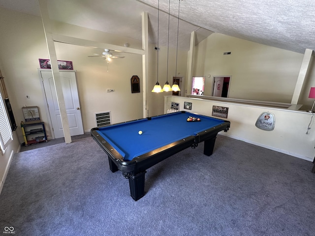 recreation room with billiards, a ceiling fan, a textured ceiling, vaulted ceiling, and carpet floors
