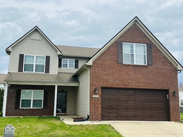 1071 Hazelwood Dr, Greenwood, IN 46143 - traditional home featuring brick siding, a front lawn, a shingled roof, and concrete driveway
