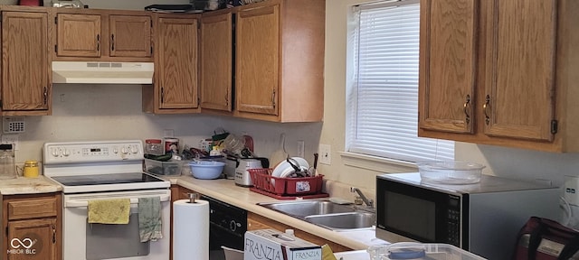 kitchen with light countertops, white electric range, under cabinet range hood, a sink, and black microwave