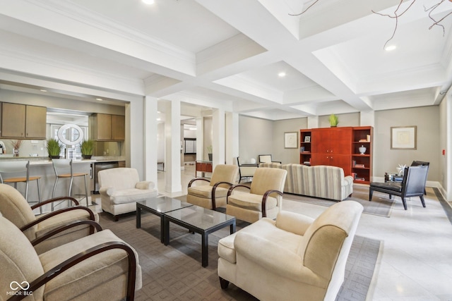 living room with coffered ceiling, beamed ceiling, and ornamental molding