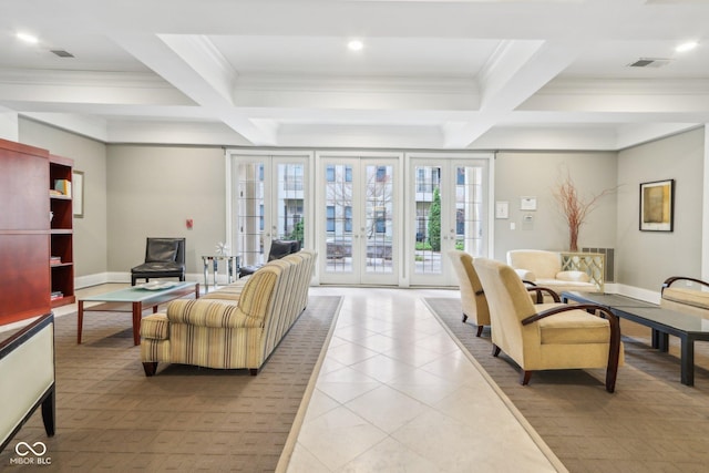 tiled living area with french doors, coffered ceiling, beamed ceiling, and baseboards