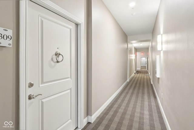 hallway featuring baseboards and carpet