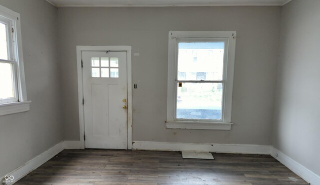 entrance foyer with baseboards and wood finished floors