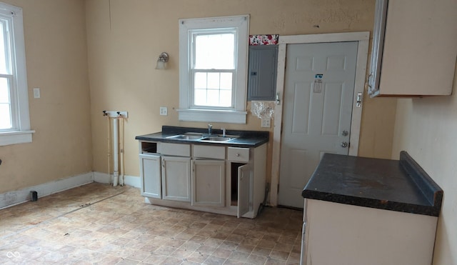 kitchen featuring a sink, dark countertops, baseboards, and electric panel