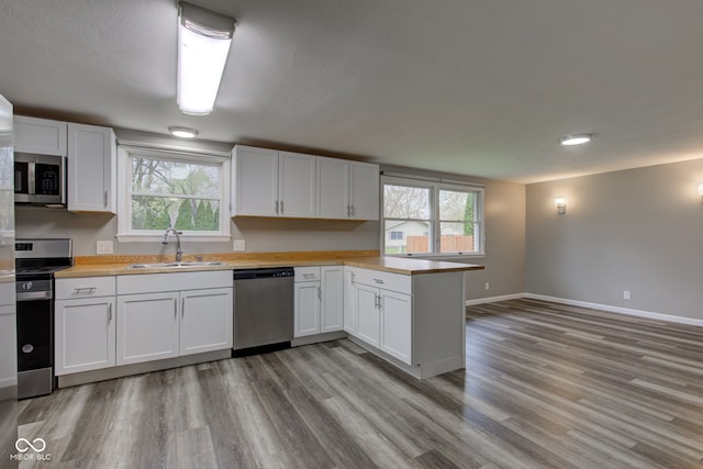 2205 Lafayette Rd, Crawfordsville, IN 47933 - kitchen with stainless steel appliances, a sink, a wealth of natural light, a peninsula, and light wood-style flooring