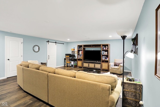 16491 Wheatley Ct, Fishers, IN 46040 - living room with dark wood-type flooring, a barn door, baseboards, and recessed lighting