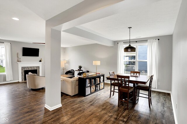 16491 Wheatley Ct, Fishers, IN 46040 - dining room featuring plenty of natural light, dark wood-style floors, baseboards, a tiled fireplace, and recessed lighting