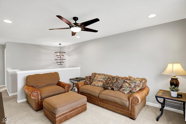 16491 Wheatley Ct, Fishers, IN 46040 - living area featuring light carpet, baseboards, ceiling fan, and recessed lighting