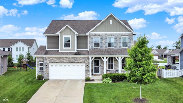 16491 Wheatley Ct, Fishers, IN 46040 - craftsman-style house featuring stone siding, board and batten siding, driveway, a porch, and a garage