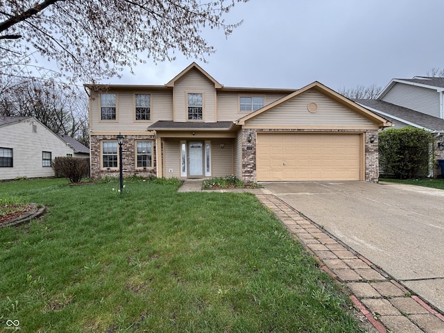 traditional home with driveway, an attached garage, a front lawn, and brick siding