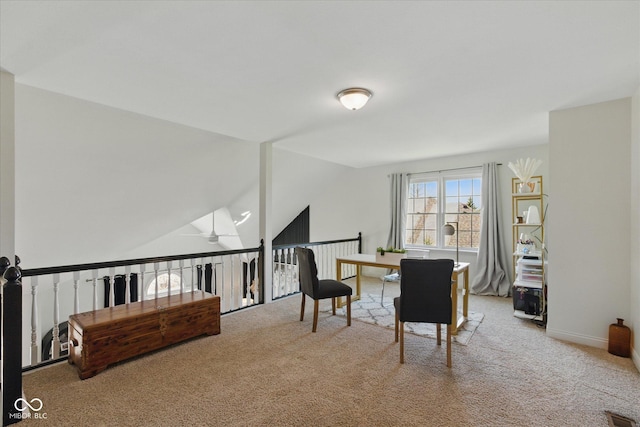 office space featuring ceiling fan and carpet flooring