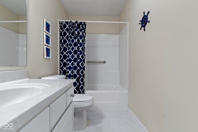 full bath with shower / bathtub combination with curtain, vanity, toilet, marble finish floor, and baseboards