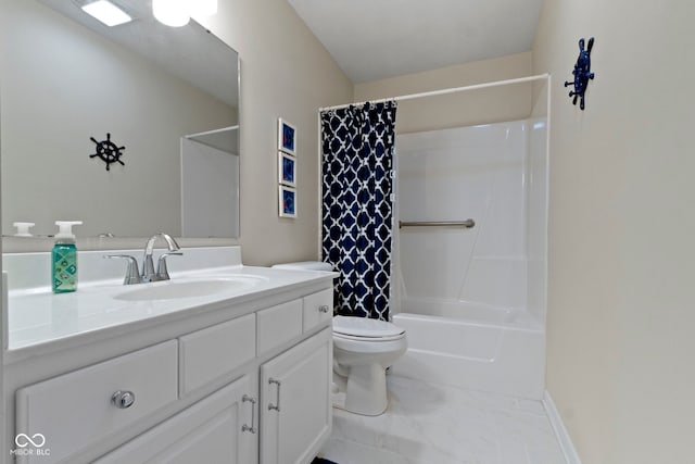 bathroom featuring toilet, marble finish floor, shower / tub combo with curtain, and vanity
