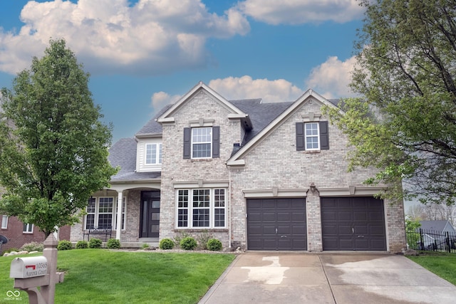 view of front of property with a front lawn, fence, brick siding, a shingled roof, and concrete driveway