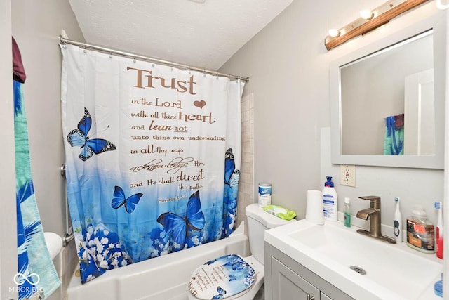 bathroom with shower / bathtub combination with curtain, vanity, a textured ceiling, and toilet