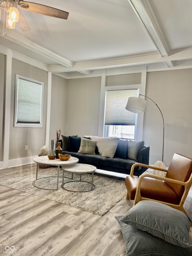4205 Rookwood Ave, Indianapolis, IN 46208 - living room with a ceiling fan, beamed ceiling, coffered ceiling, and wood finished floors